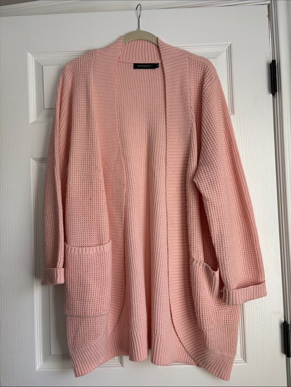 Waffle-Knit Open Cardigan in Soft Pink - Merokeety
